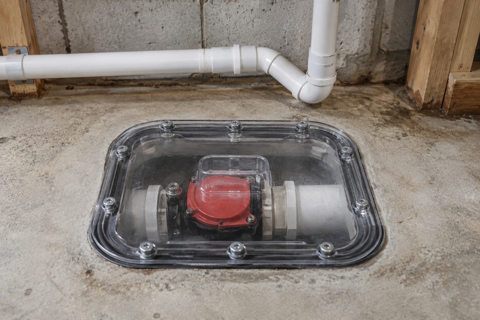 Backwater valve installed in an Ottawa basement floor with a clear access cover