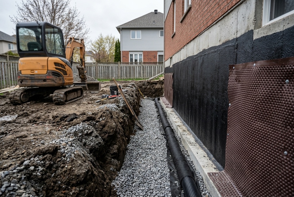 Exterior waterproofing membrane and dimple board on an excavated Ottawa foundation