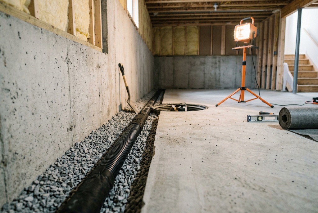 Interior weeping tile drainage laid in gravel along a basement floor in Ottawa